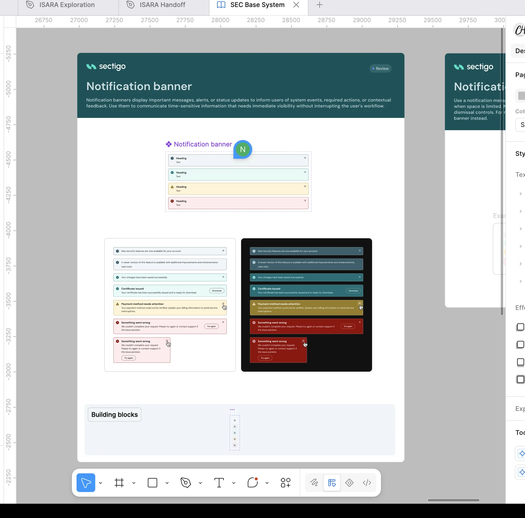 Notification banner component states shown across light and dark application contexts